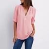 Plus Size Women Solid Color Loose Zipper V Neck Long Sleeve Chiffon Blouse Shirt