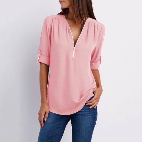 Plus Size Women Solid Color Loose Zipper V Neck Long Sleeve Chiffon Blouse Shirt