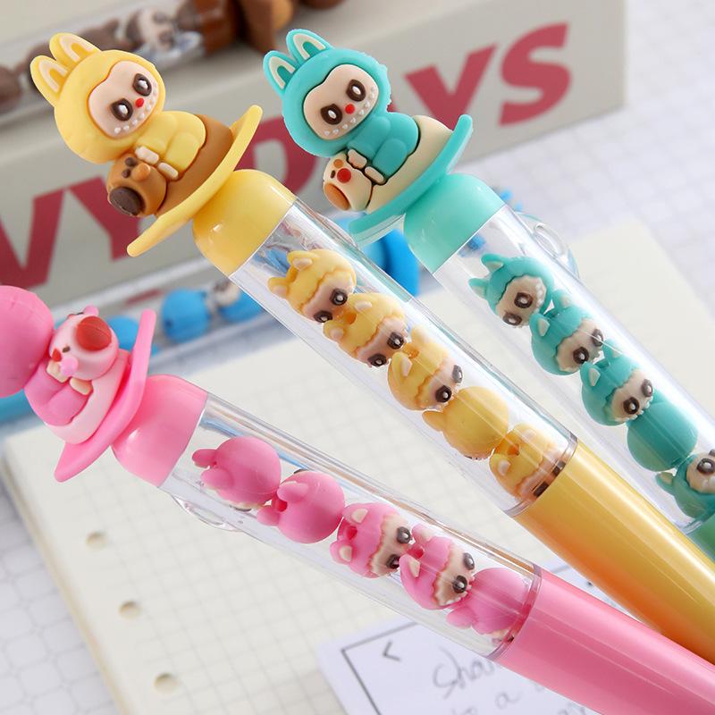 2Pcs Cute Labubu Gel Pen Cute Cartoon Diy Bead Neutral Pen Student Writing Pen Stationery Christmas Gift Student Stationery