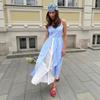 Blue plaid dress European and American summer new fake two-piece single-breasted splicing suspender dress