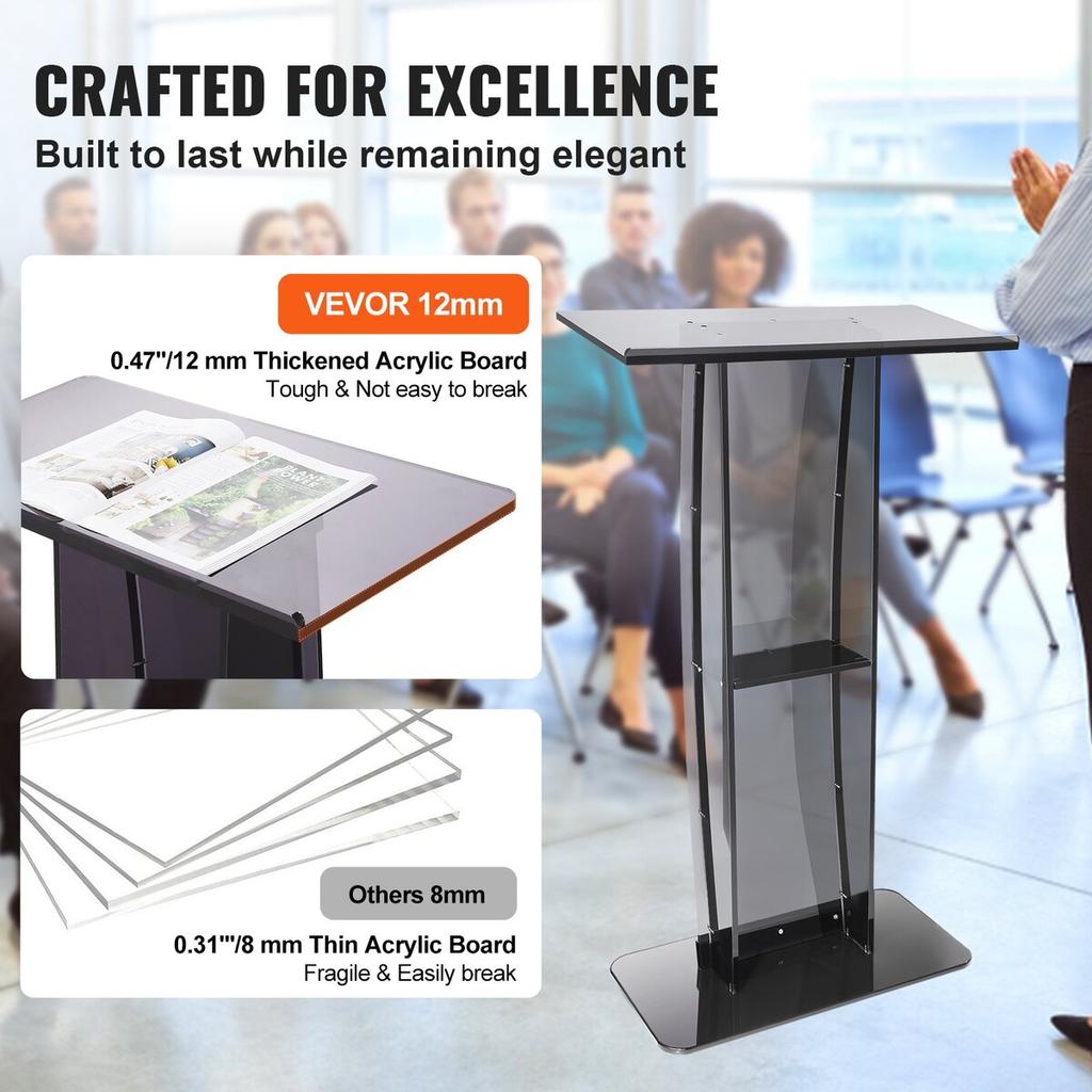 Acrylic Podium, 47" Tall, Acrylic Podium Stand with Wide Reading Surface & Storage Shelf, Floor-standing Clear Pulpits Acrylic for Church Office