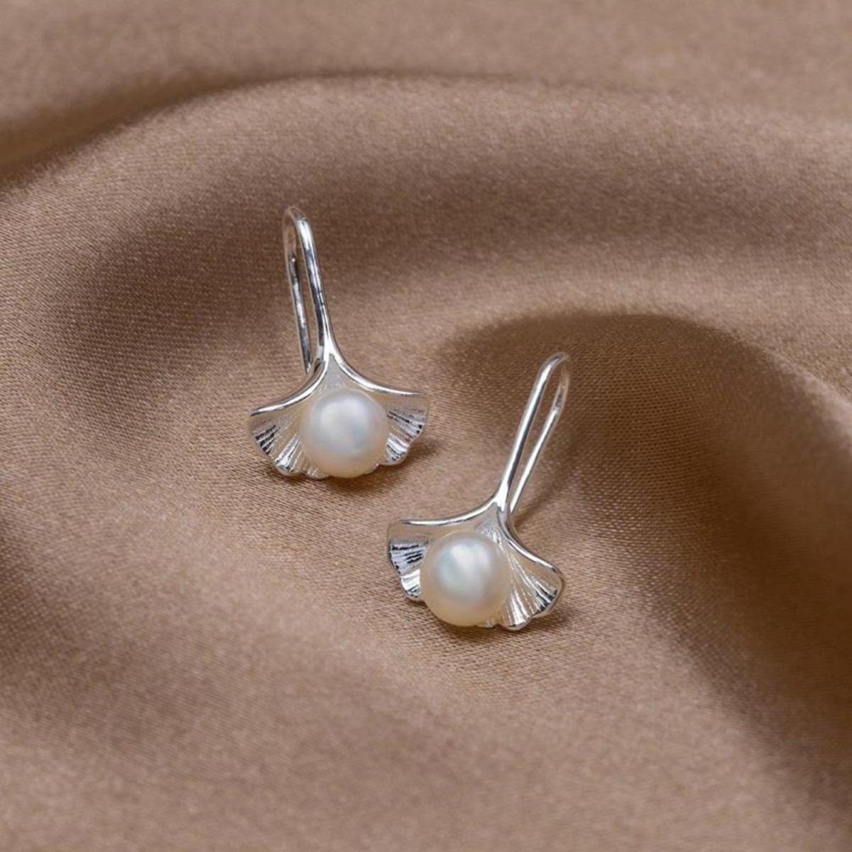 French Style Delicate Ginkgo Leaf Pearl Hook Earrings