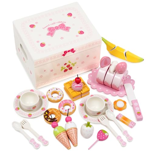 

Mother Garden Wooden Sweet Cafe Ribbon Pretend Play Set (Milky White) with Cake and Tea Set, Wooden Toy, 441-21775