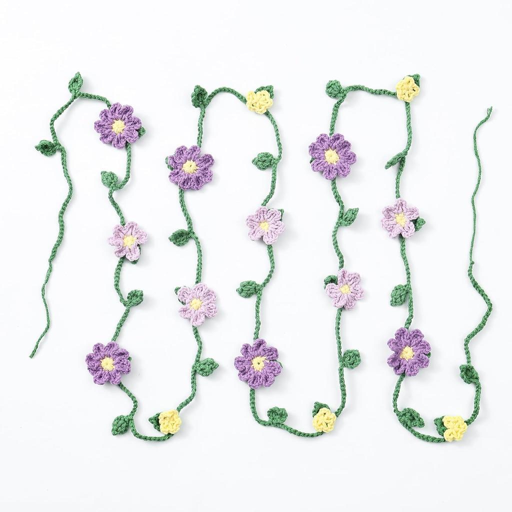 Handmade Crochet Flower Garland, Knitting Wool Spring Bunting Floral Ornaments, Colorful Flower Hanging Garland for Boho 1st Birthday Party Supplies,