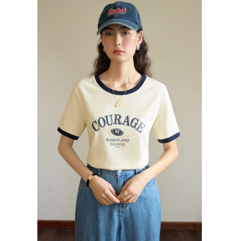 

Single Beam Plus Size Women s Clothing Retro Contrast Color round Neck Fun Printing T-shirt Summer New Slightly Oversized Girls Versatile Casual Top Mi Xing Hits Navy Blue JP3