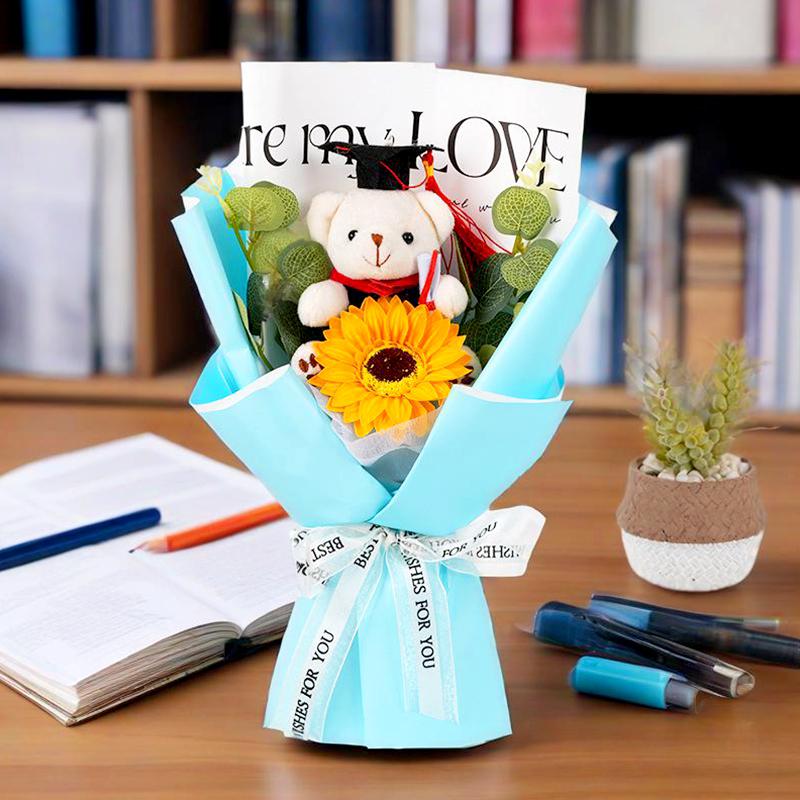 1PC Flower Bouquet Sunflower Party Decor Simulation Flower Hand-Knitted Soap Flower Doctor Bear Graduation Gift Photography Props