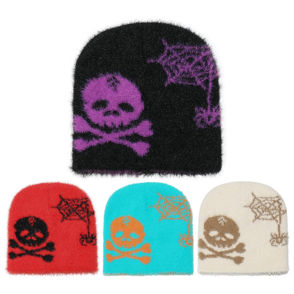 TEMU Warm Cold Hats Men's and Women's Skulls Spider Webs Plush Mink Knitted Hats Halloween
