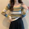 Autumn and Winter New Sweet and Spicy Square Collar Niche Contrasting Stripes Knitted Slim and Thin Soft Waxy Short T-shirt