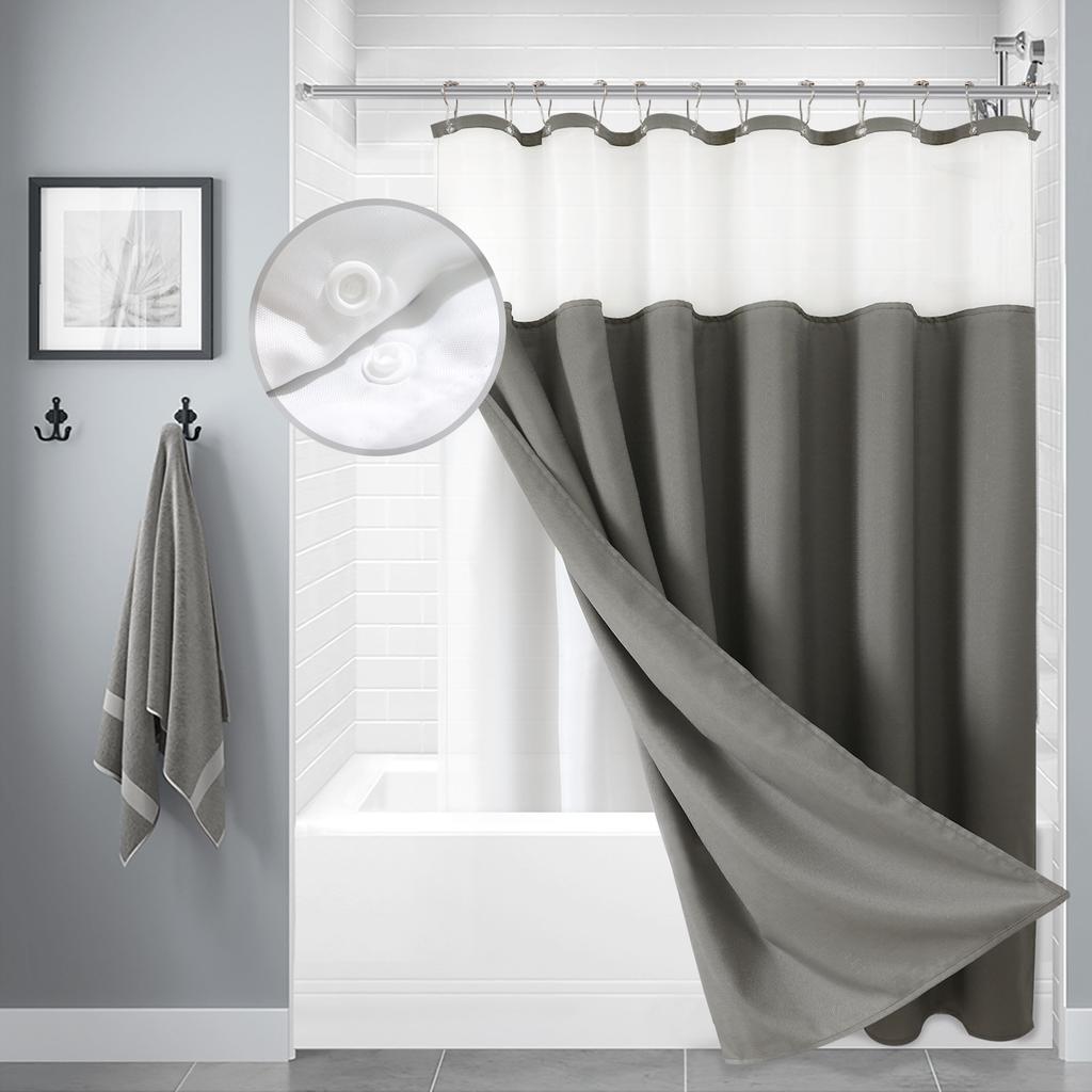 Double Layer Shower Curtain Waterproof Linen Bath Curtain Liner for Bathroom Bathtub Bathing Cover with Silver Metal Hooks