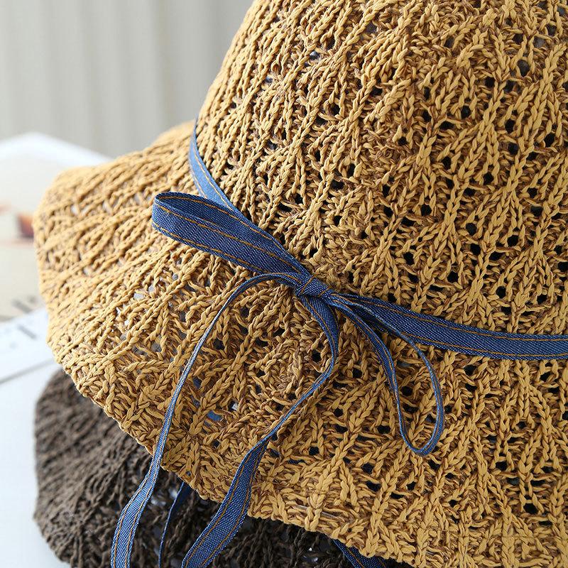 Bucket Hat Korean Straw Hat Women, Summer Travel Beach Hat With Bow, Handmade Woven Short Brim Hat
