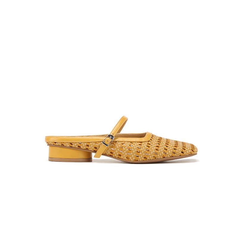 [Shei Su Yinyin] Paris vacation~ square head woven thick heel bag head Mary Jane slippers women's half drag sandals
