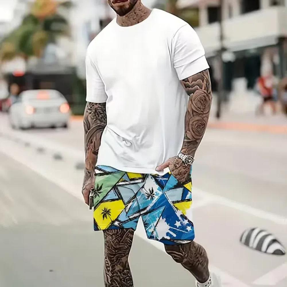 2Pcs Outfits For Men Casual Short Sleeve T-shirt And Drawstring Shorts Set For Summer Men's Clothing Loungewear Vacation Workout