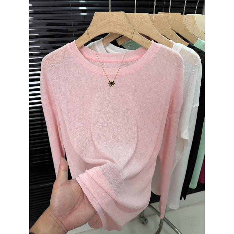 New Ice Silk Cool Tulle Long-sleeved Sunscreen Blouse Women's Fashion Versatile Breathable Solid Color T-shirt Top Summer