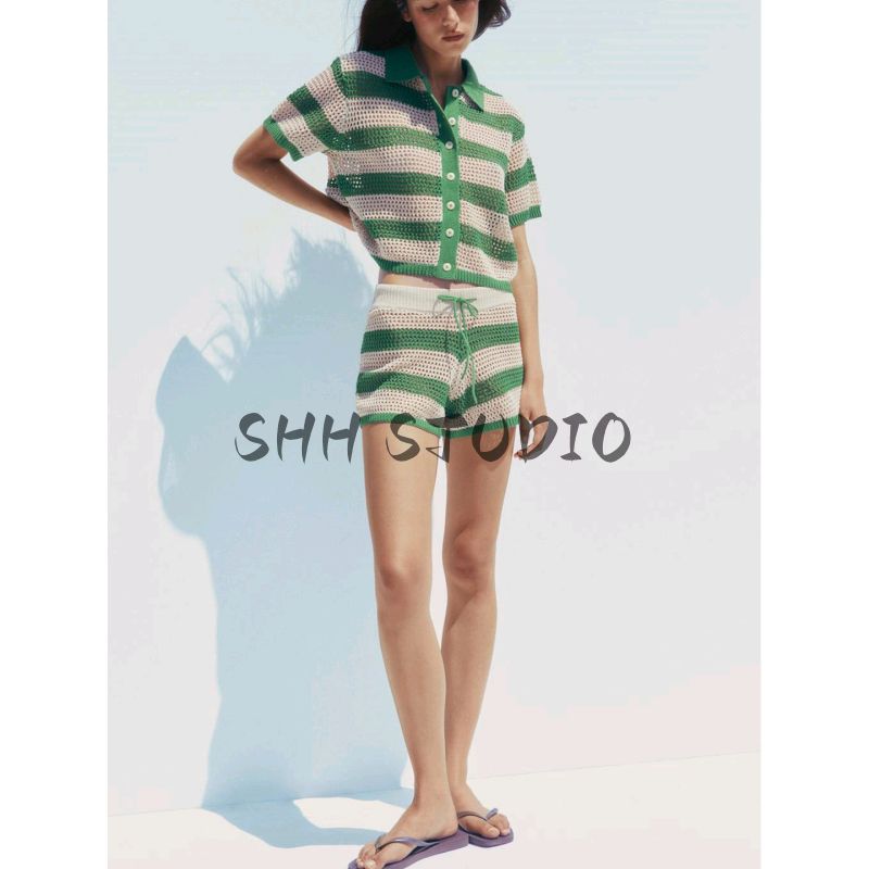 Polo Collar Knitting Outwear 3920260 3920284 Knitting High Waist Shorts 3920261 20285