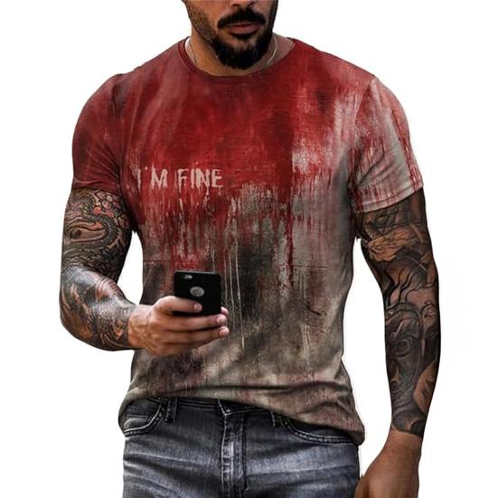 Men Halloween T-shirt Spooky Crew Neck Short Sleeve Tee Blood Stain Print T-shirt for Halloween Dress-up Horror Themed Party