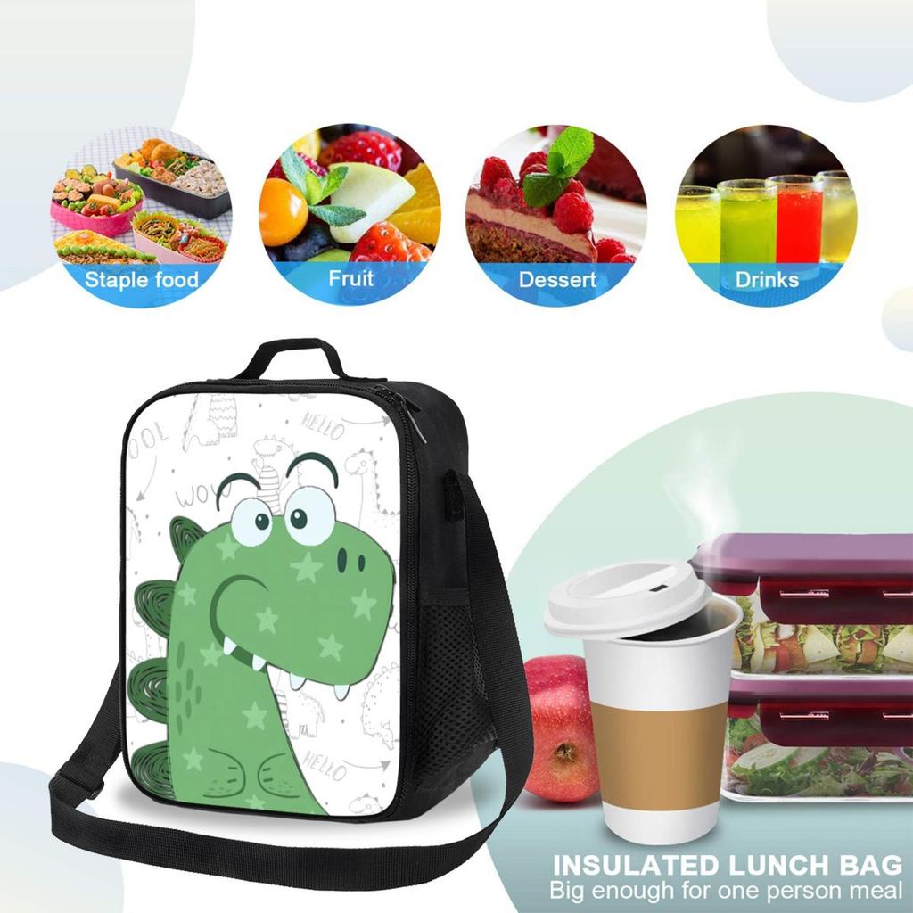 1pc Green Dinosaur Pattern Insulated Lunch Bag - Waterproof Polyester, Reusable Cooler with Playful Dinosaur Design,