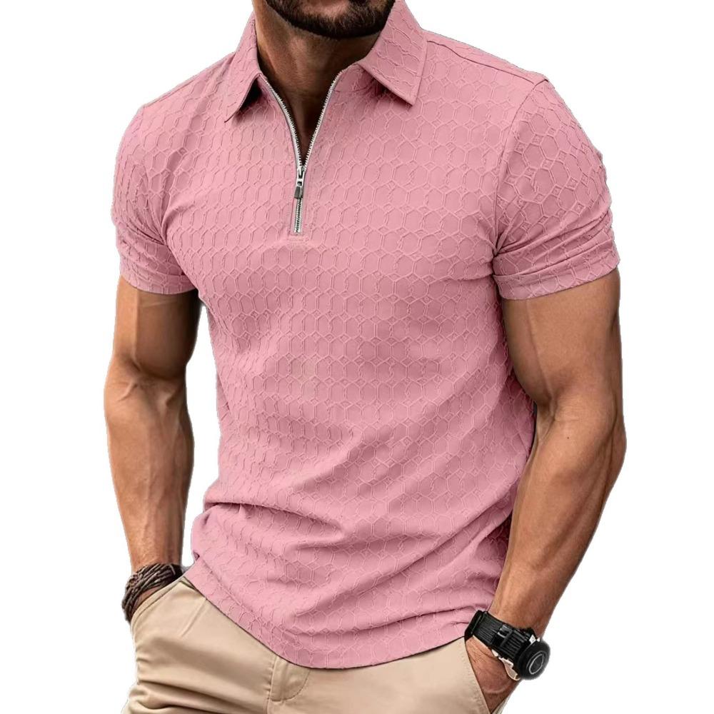 Men's Casual Polo Shirt with Zip, Short-sleeved, Loose-fit, Plain-coloured, Versatile T-shirt