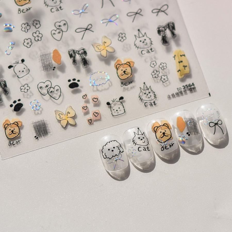 1pcs Cute Sketching Graffiti Animal Cat Dog Rabbit Bear Laser Nail Art Sticker Designs Self Adhesive Decoration Decal Acessories