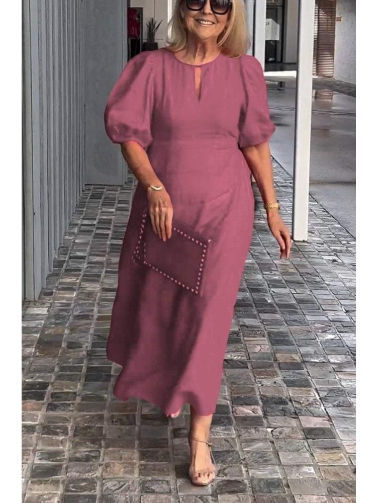 Damen Frühlings-Sommer Einfarbig Locker Sitzend Bequem Lässig Rundhals Pullover-Stil Kleid mit Puffärmeln