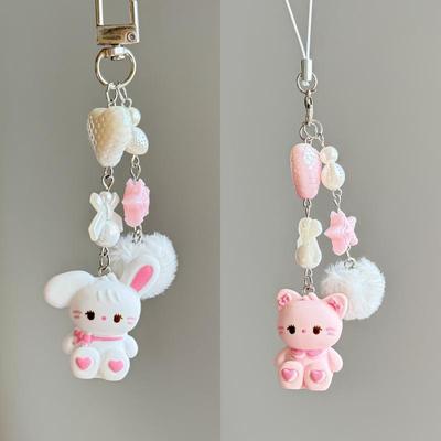 Sevimli Tavşan Kedi Ayı Kolye Uçlu Anahtarlık Kabarık Top Fiyonk Boncuklu Cep Telefonu Zinciri Kayıp Önleyici Kordon Kawaii Çanta Süsü Hediye