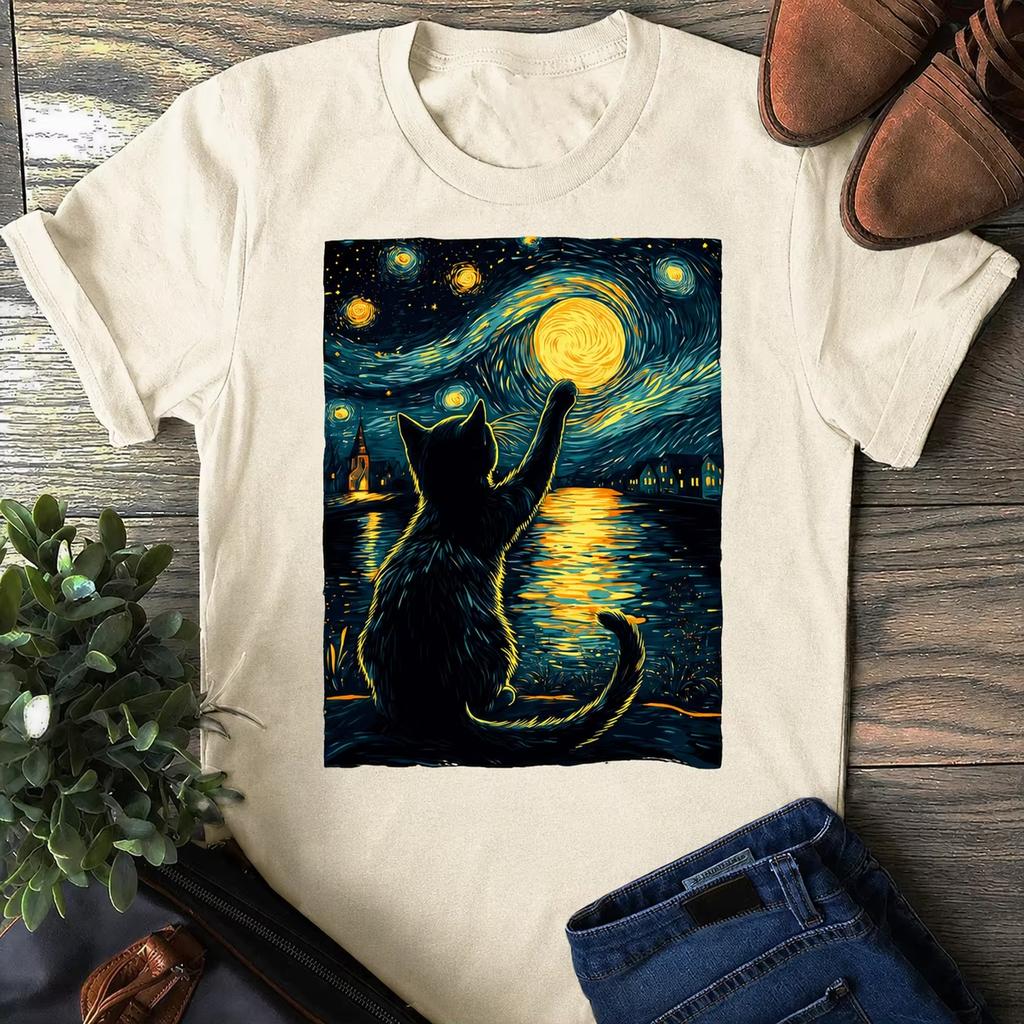 Starry Night Cat Tshirt Vincent Van Gogh Style Black Cat Lover Gift Printed Pure Cotton Tshirt Unisexs And Unisexs T Shirt