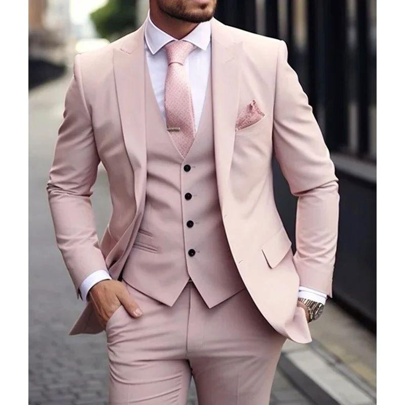 

Pink Luxury Men Suits 2024 Terno Slim fit 3 Piece Jacket Pant With Vest Groom Wedding Tuxedo Costume Homme Formal Occasion Terno S розовый