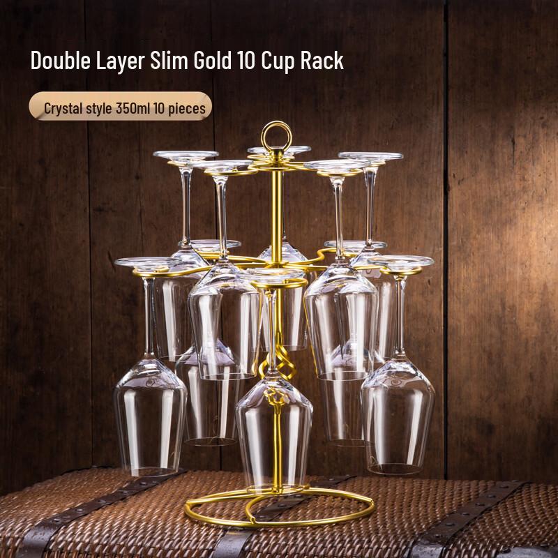 Shangqi Champagne Gold Wine Glass Rack with 10 Crystal Glasses