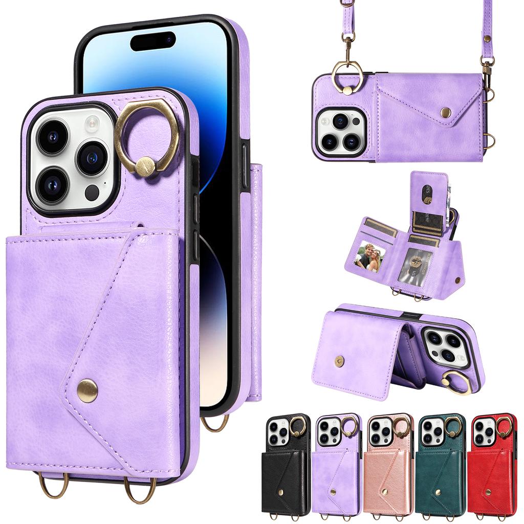 Para iPhone 16 Series.para iPhone 16,16 Plus,16 Pro,16 Pro Max Alça de Ombro Corda Anel Suporte Design Slots para Cartão Padrão Lichee Capa para Telefone