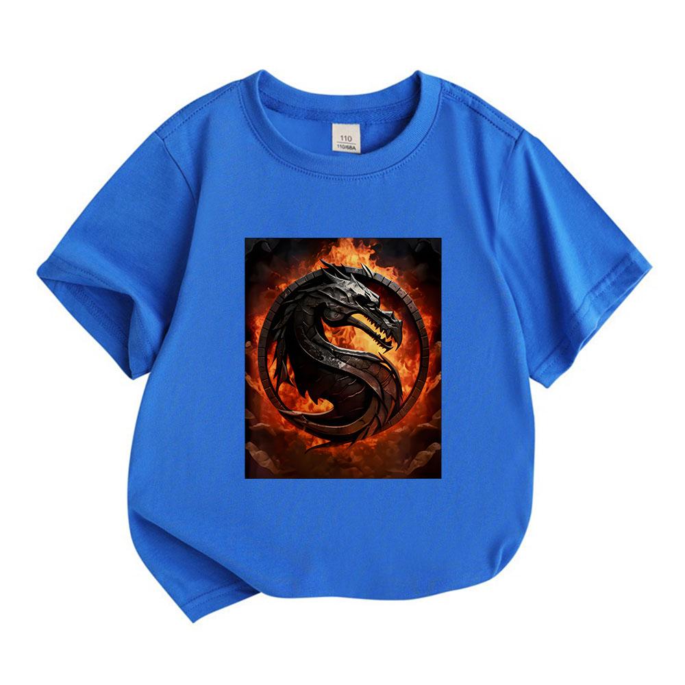 Kids Boys Girls 100% Cotton Crew Neck Short Sleeve T-Shirt, Cool Fire Dragon Pattern Casual Breathable Soft Tee for Daily Outdoor Play Tops for 2-14 Y