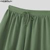 INCERUN  Vintage Men Drawstring Elastic Waist Solid Color Texture Irregular Cropped Loose Pants
