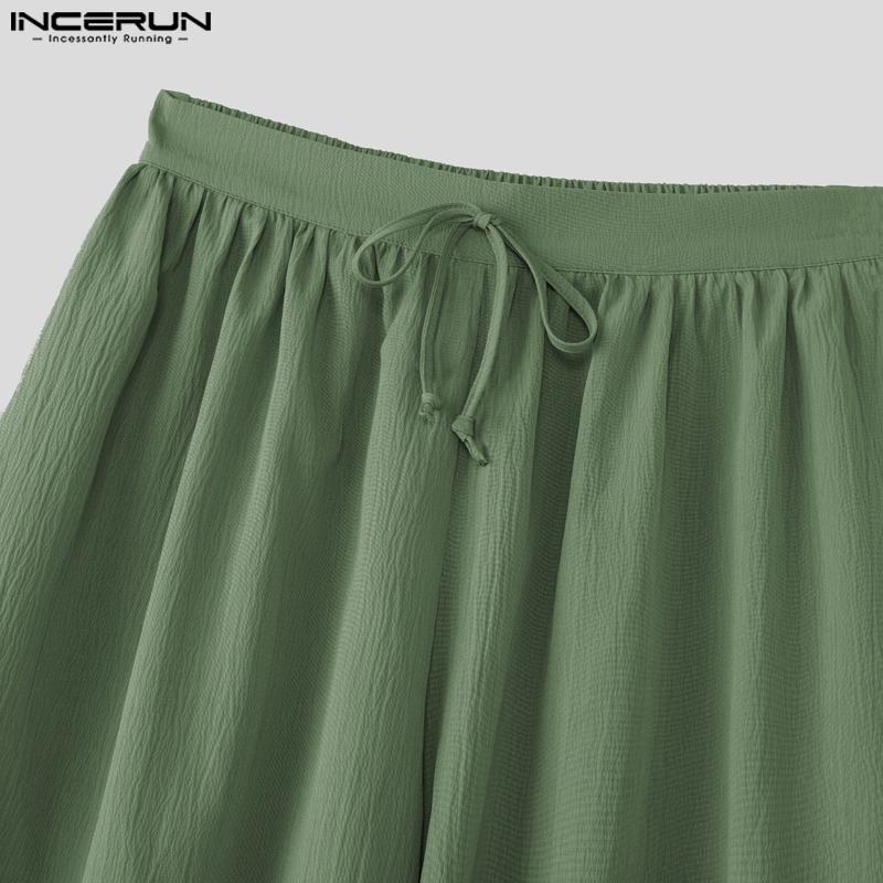 INCERUN  Vintage Men Drawstring Elastic Waist Solid Color Texture Irregular Cropped Loose Pants