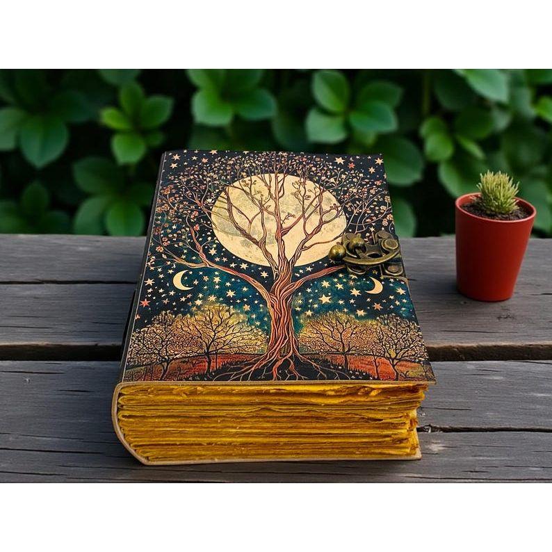 Tree of Life Leather Journal – Fairy Moon and Stars Grimoire Notebook –  Spell Book – Pagan Diary