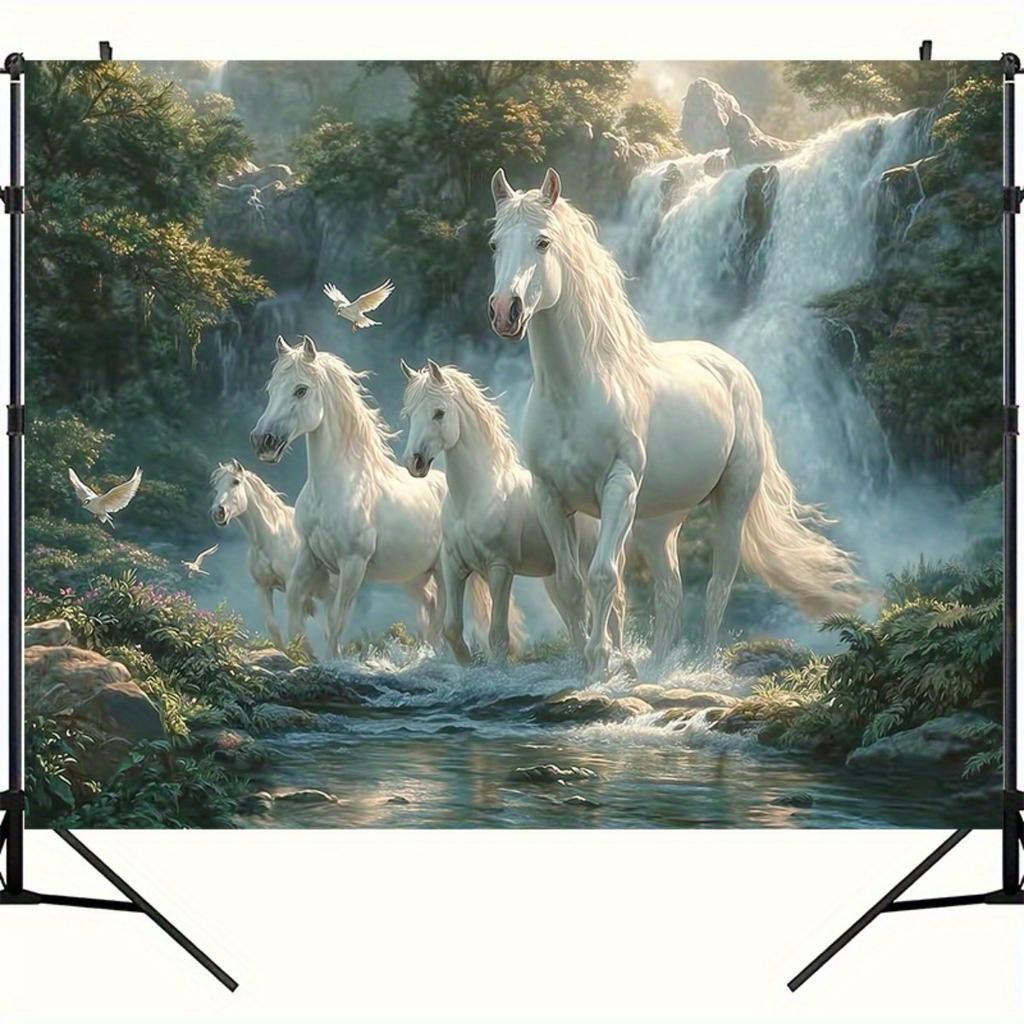 Large Tapestry White Horses Waterfall Scene Decor Romantic Realistic Wall Art Poster 180x280cm Living Room Decoration