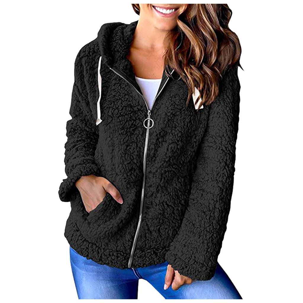 Womens Long Sleeve Jacket Zip Up Hooded Chunky Pockets Coat Tops