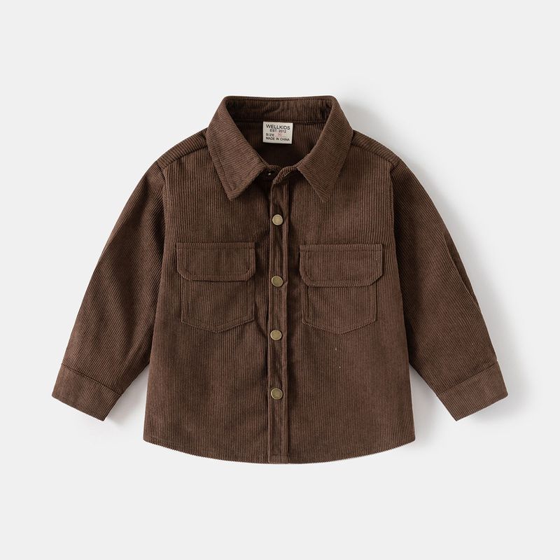 Kids Double Pocket Shirt Spring and Autumn Boys' Long Sleeves Corduroy Shirt Baby Boys' Polo Collar Solid Color Cardigan Top