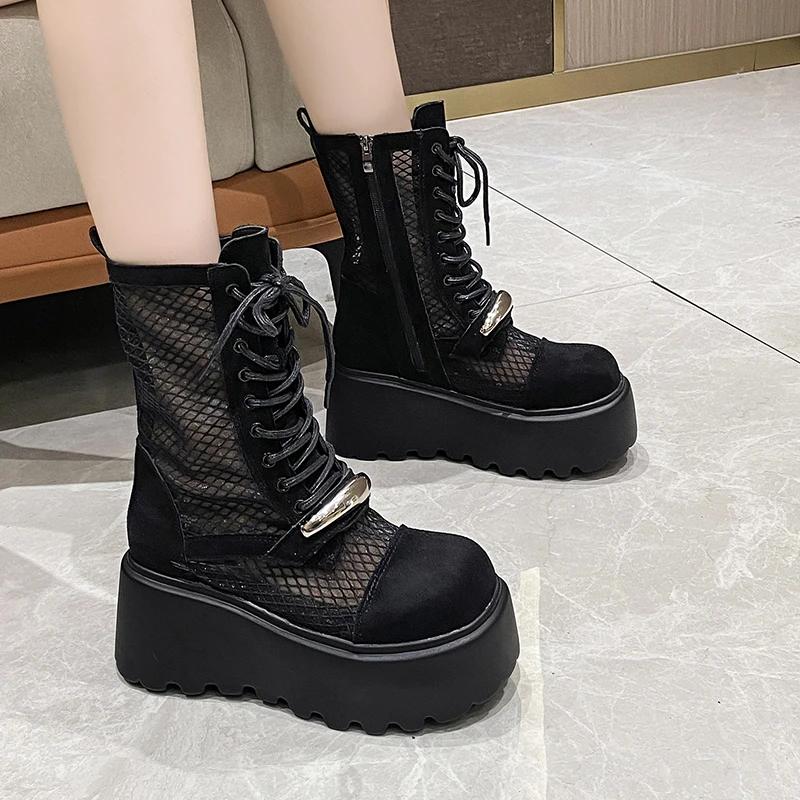 Fashion 8CM Designer Summer Platform Ankle Boots for Women Black White Mesh Breathable Sandals Casual Shoes Woman Thick Bottom Booties