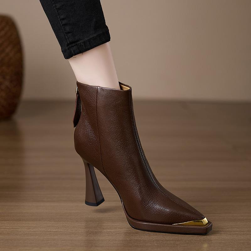 Design Style Metal Toe Women Ankle Boots Autumn Winter Slim Short Booties Fashion Back Zippers Square Heels Shoes