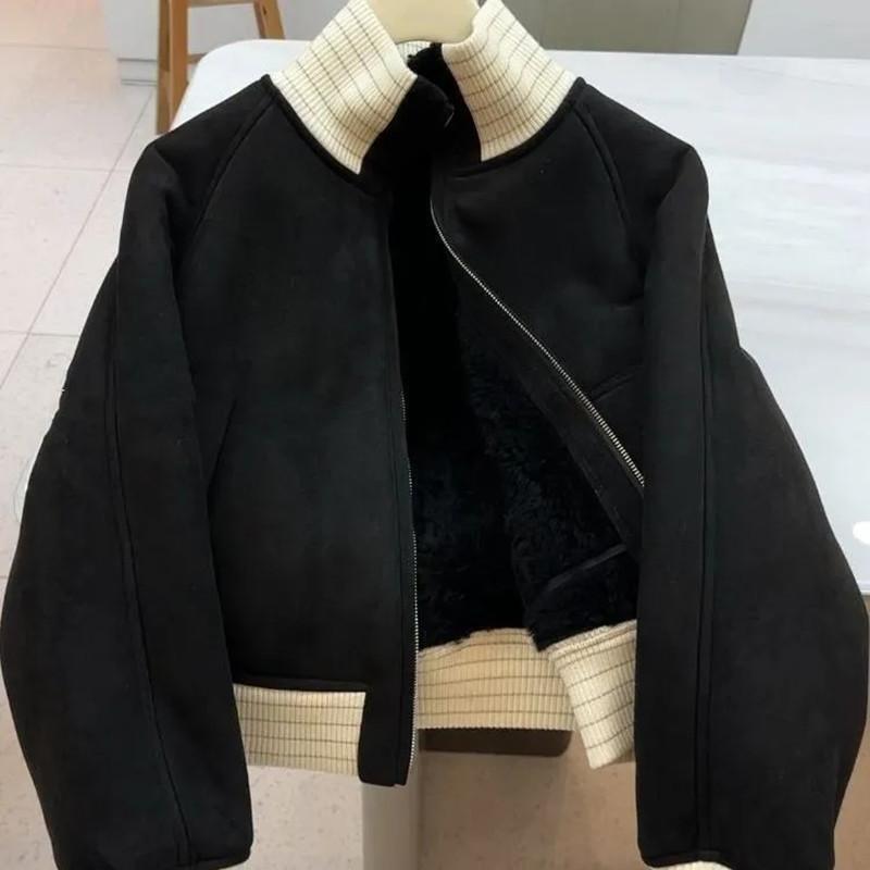 Coffee short coat women's loose and versatile thickened warm temperament jacket