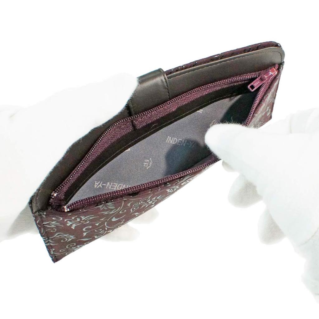 Inden langes Geldbörsenbündel L dünnes Hirschleder lila Hintergrund x schwarz lackiertes Blumen-Arabeskenmuster [Indenya] 2107-06-041