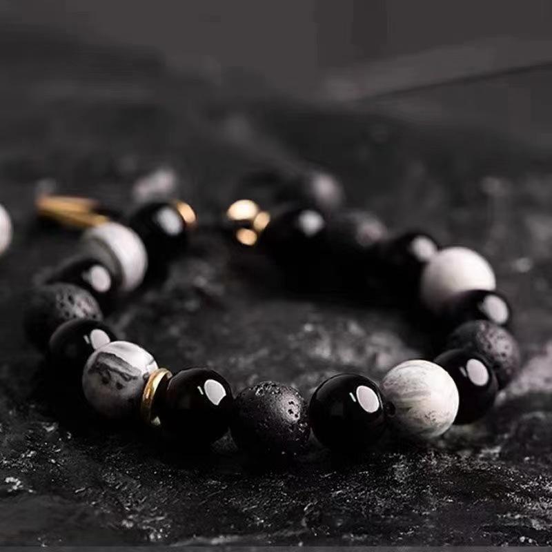 Rogue Handsome Volcanic Obsidian Bracelet: Trendy Adjustable Retro Jewelry for Men & Women.