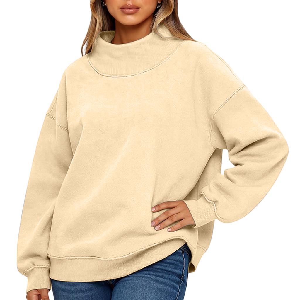 Ladies' Fashionable Loose High Neck Long Sleeved Solid Color Hoodie Top Pullover