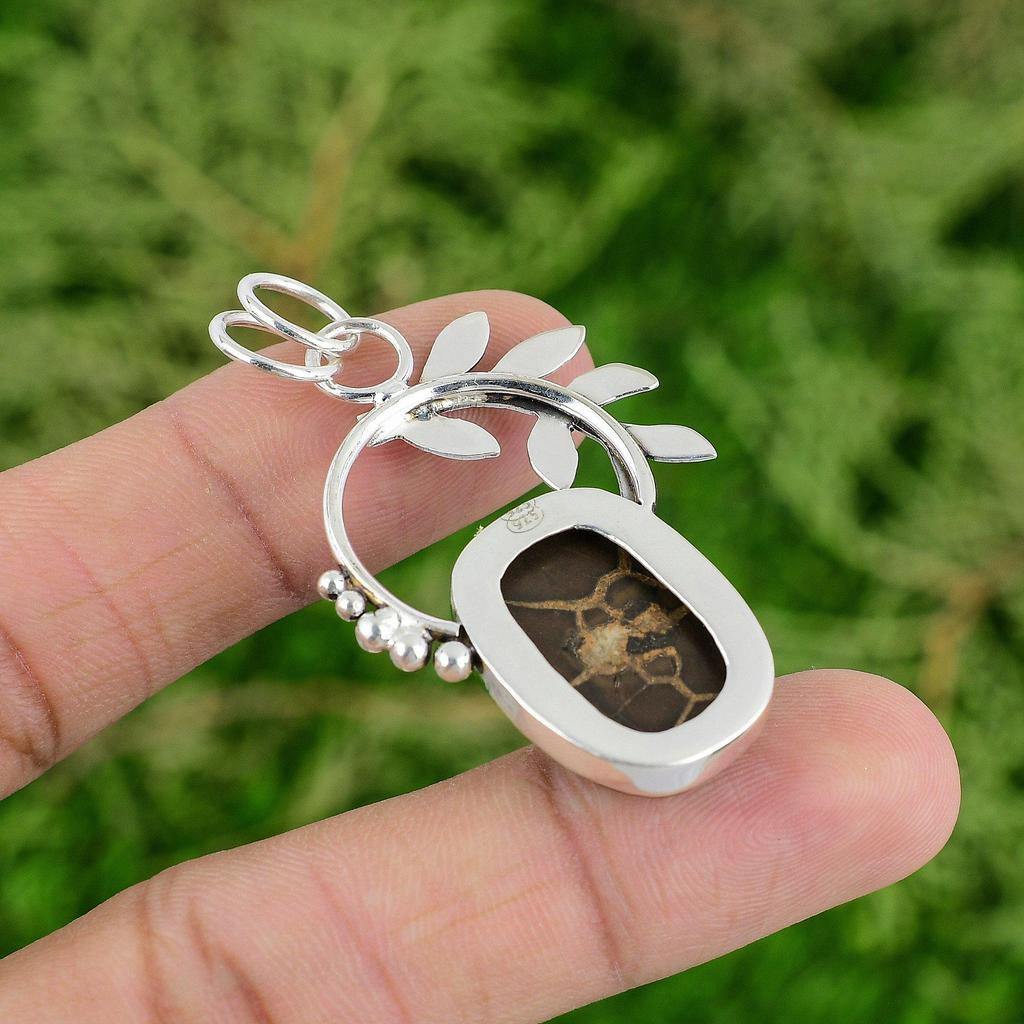 Natural Moroccan Mud Crack Fossil 925 Silver Wedding Wife Bezel Ethnic Pendant