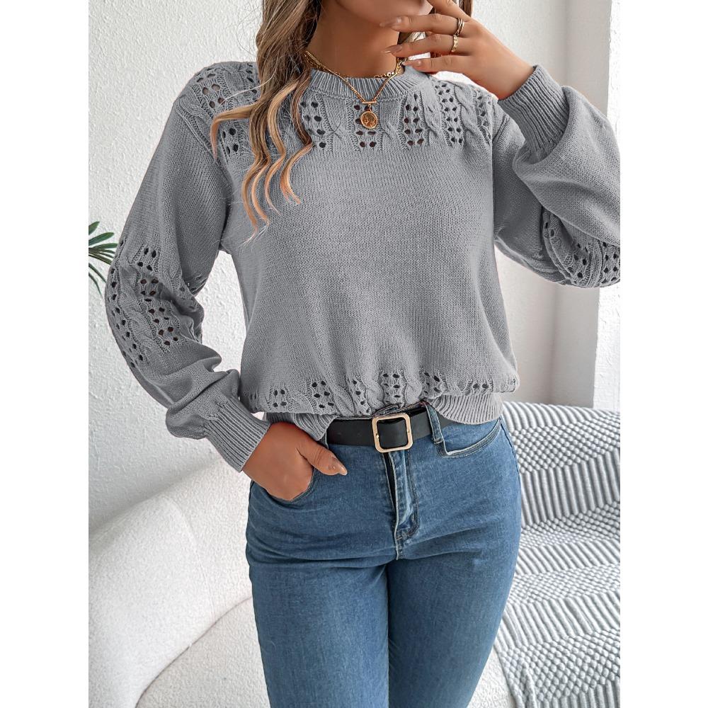 Women's Sweatshirt Casual Solid Colour Openwork Lantern Sleeve Pullover Knit Top