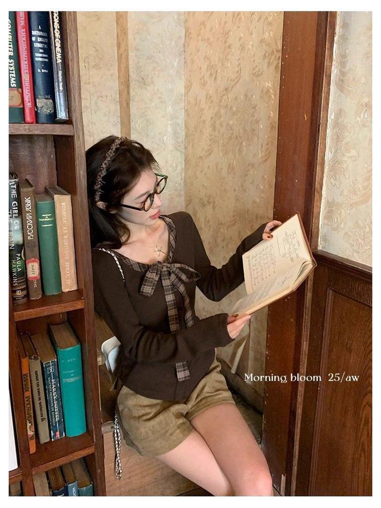 Women's Autumn Slim Fit Retro Lace-up Bow Tie Long Sleeve Top