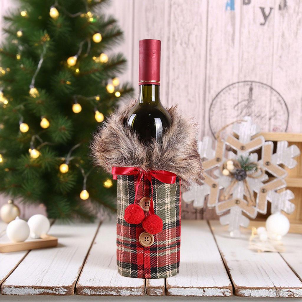 Mingguan Christmas Plaid Fur Collar Wine Bottle Cover & Bag