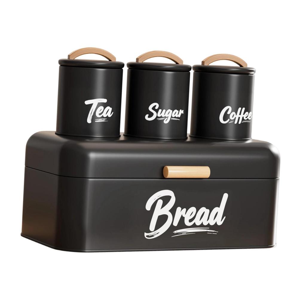 4-teiliges Küchen-Brotkasten- und Organizer-Set mit Kaffee-, Tee- und Zuckerdosen Stabiler Metall Deckel