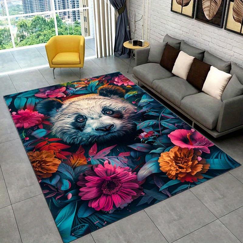 Panda Floral Rug - Colorful Tropical Flowers and Adorable Panda for Living Room Decor | Nature Inspired Carpets