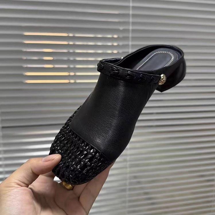 Baotou Half Slippers Women's Summer Outer Wear 2025 Summer New Thick-soled Inner Height Increase Hollow Woven One-pedal Slippers
