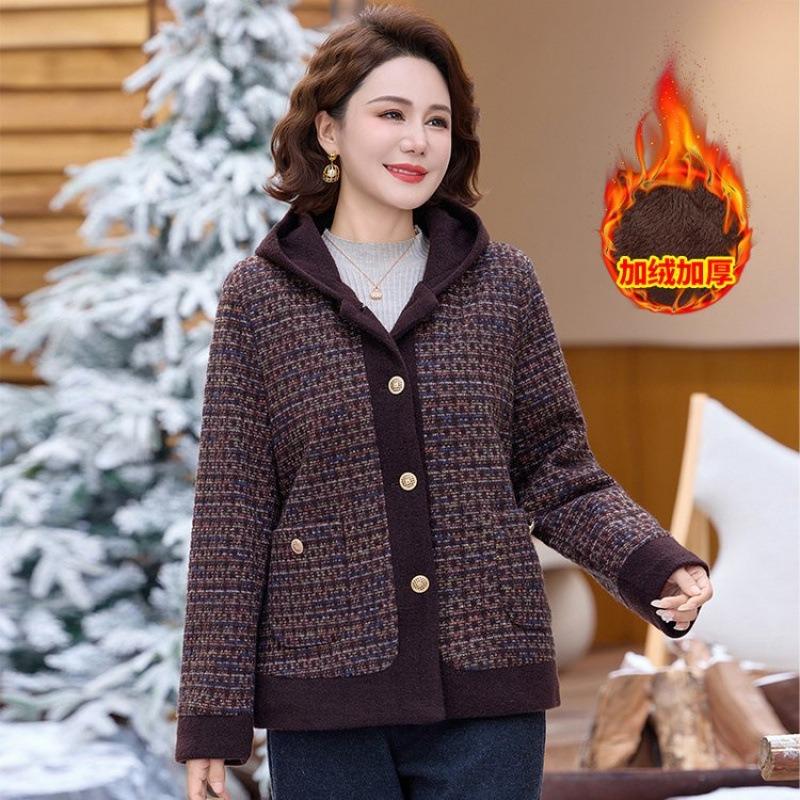 Woolen coat women's autumn and winter middle-aged woolen coat mother's new velvet thickened warm hooded noble leisure
