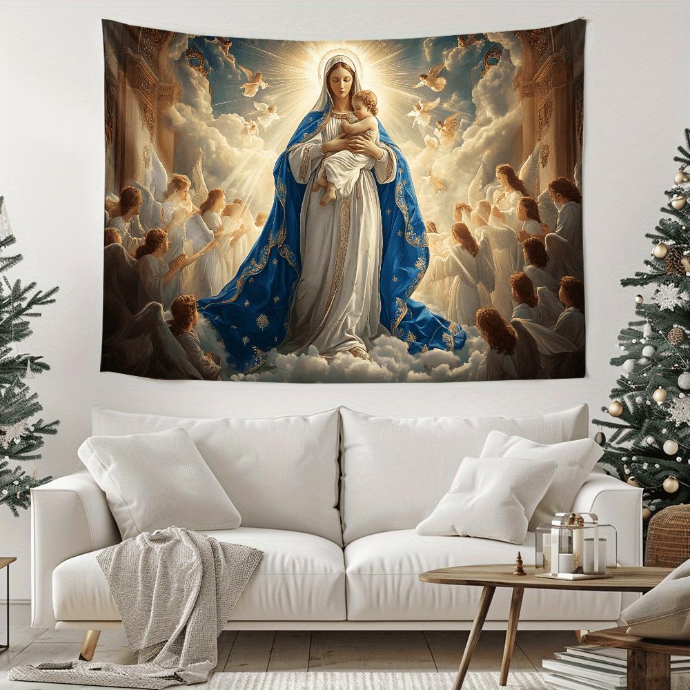 Virgin Mary Tapestry, Mother and Child with Angels In Heaven, Religious Christian Wall Art for Living Room Bedroom Decor